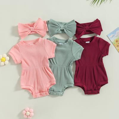 Baby Mädchen Jumpsuit Set Einfarbig Gerippter Kurzarm Strampler mit Schleife Stirnband Sommer Outfits