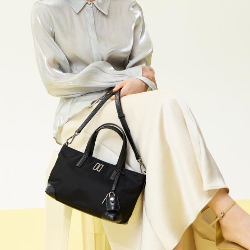 DakS Black Croco Leather Nylon Tote Bag S