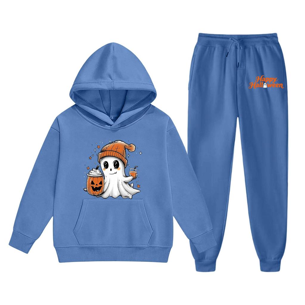 Kids Halloween Hoodie and Pants Set Ghost Print Pullover Sweatshirt with Hooded Top and Elastic Waist Bottoms for Boys and Girls