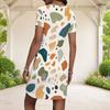Women Plus Size Round Neck Short Sleeve Blue Pink Geometric Printed Fitted Mini Dress