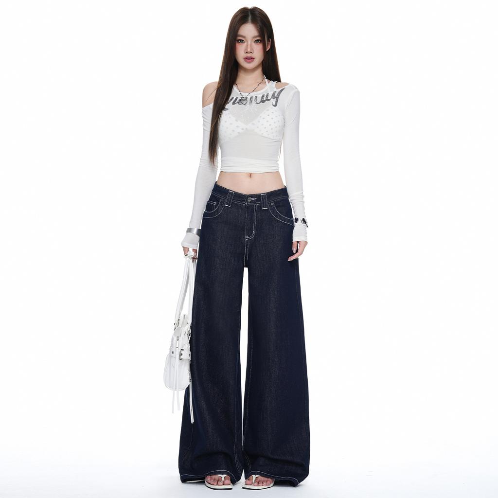 American retro wide-leg jeans women's autumn and winter new niche pocket design loose straight jeans