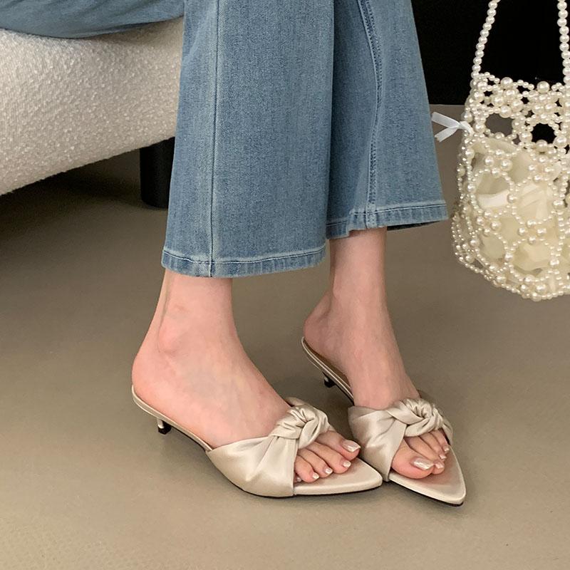 Fashion Fashion Butterfly-Knot Ladies Heeled Slippers Shoes Summer Pointed Toe Women Low Heel Slippers Female Slides Sandals Pumps