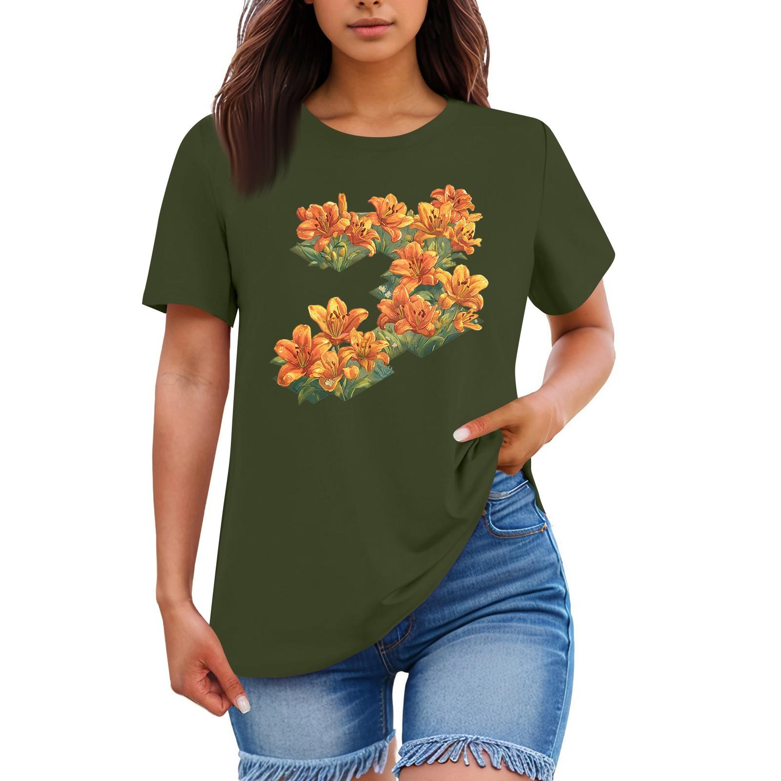 

Женская свободная удобная повседневная модная футболка с принтом растений и цветов, круглым вырезом и короткими рукавами XXL