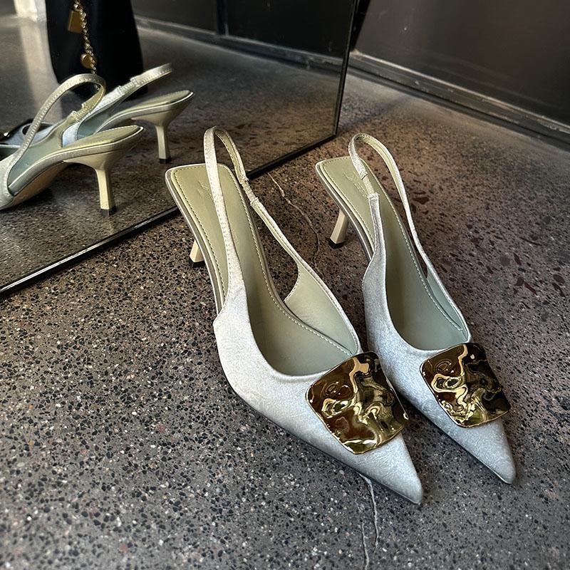 Мода 2025 Новая Мода Металл Женщины Тонкие Каблуки Босоножки Туфли Женская Обувь Слипоны Неглубокая Вечеринка Женские Туфли на Высоком Каблуке