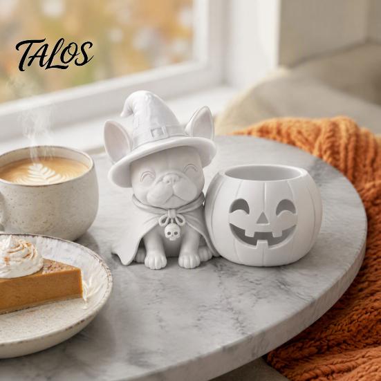 Cute Dog Halloween Gift French Bulldog Witch Statue, 3D Printed Pumpkin Candle Holder, Festive Home Decorations Figurine Tabletop Decor for