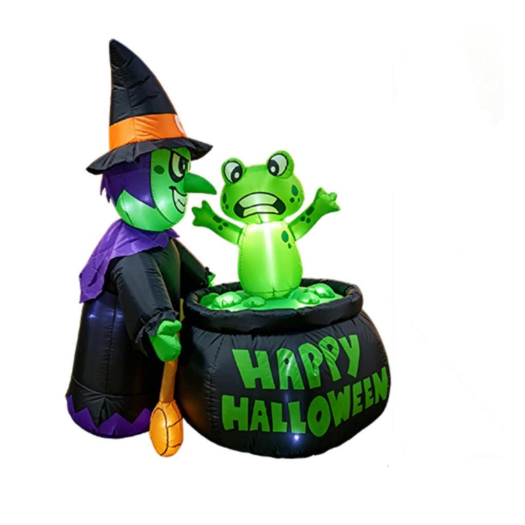 Inflatable Witch with Frog Builtin LED Green Yard Inflate Decoration for