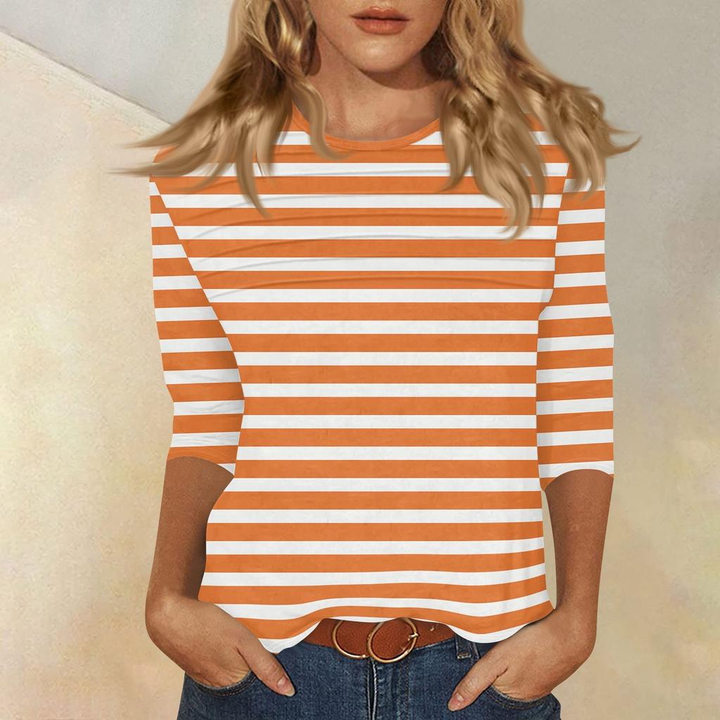 Women's O-neck 3/4 Sleeve Striped Print Top