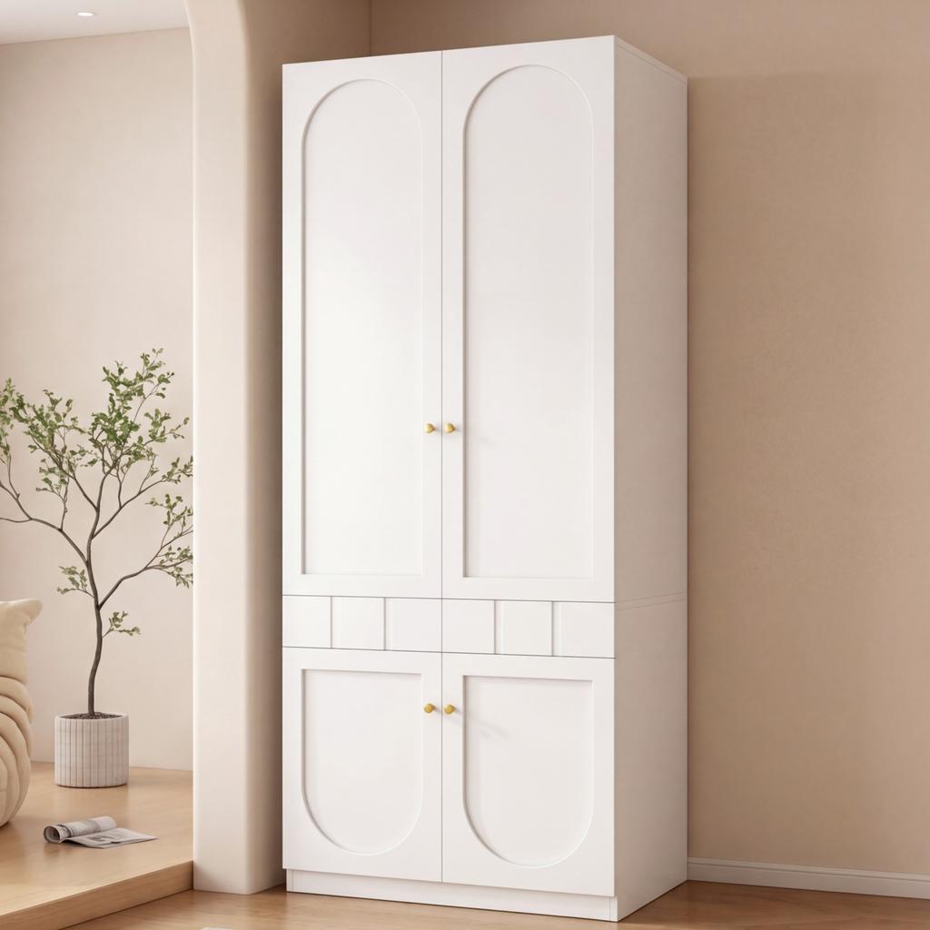 2-Door Wardrobe, Lacquered Wardrobe, Wardrobe with Clothes Rail and Drawers, Bedroom Furniture, Metal Handles, White, 80×50×200 cm