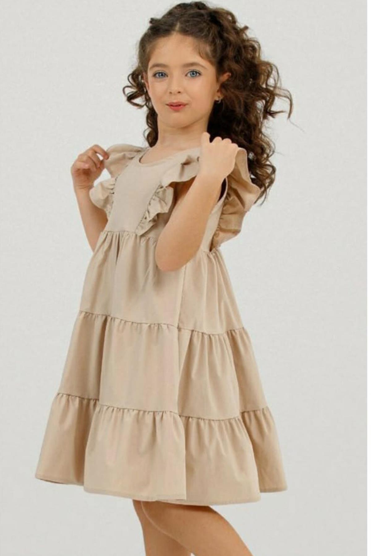 

Girl s Crew Neck Sleeves Ruffled Ruffle Beige Dress