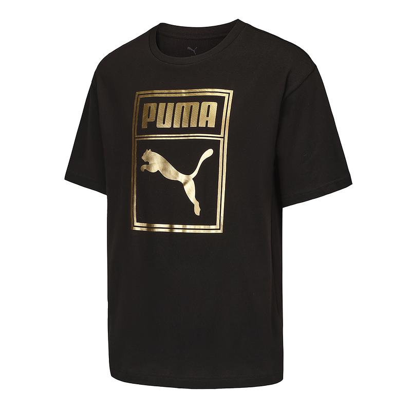Puma Large Logo Gold Label Casual Sports Running Breathable Short Sleeve T-Shirt Unisex Tops Black 689271-01