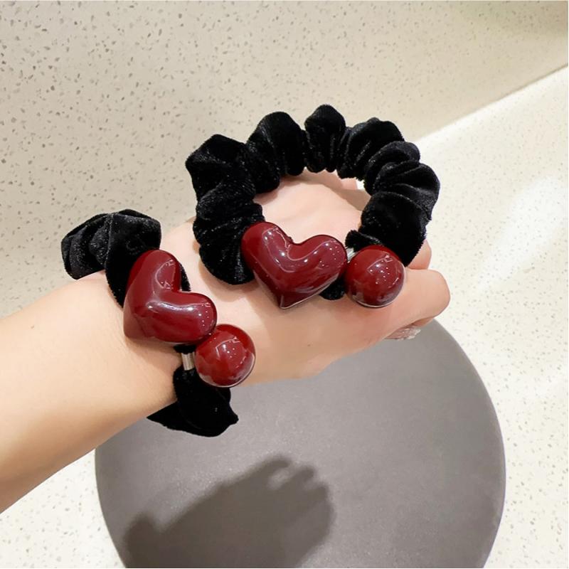 Retro Korean Style Velvet Hair Ties with Red Heart & Pearl Beads Elegant Ponytail Hair Ties for Women Daily Hair Accessories
