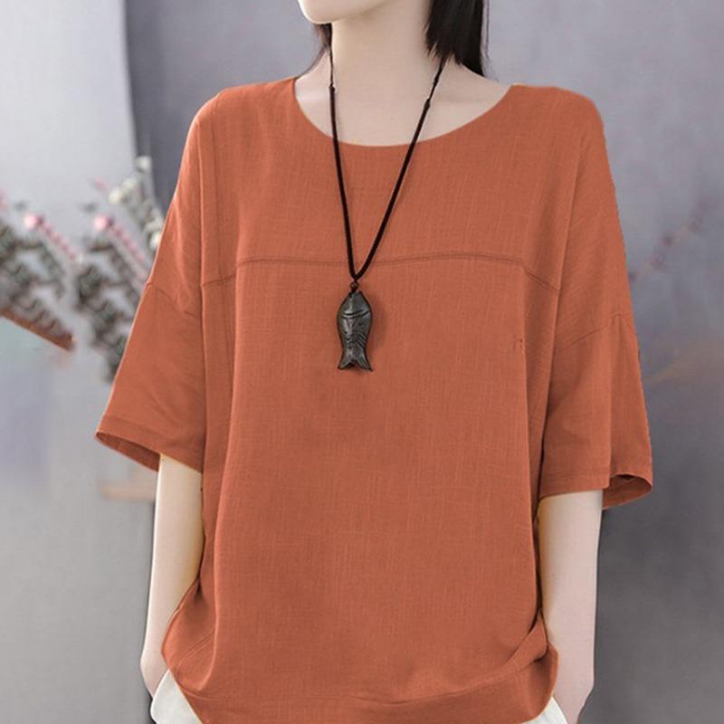 Summer  Artistic Style Solid Color Casual Short Sleeved Cotton Linen Loose Base Shirt Plus Size Women's T-shirt