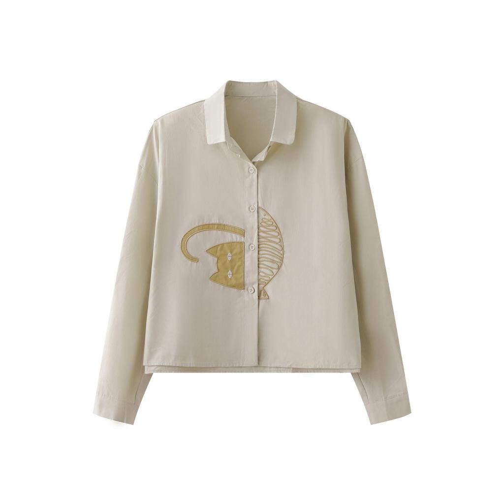 Damen besticktes Baumwollhemd - 2025 Frühher Herbst Lockerer Revers-Top, Altersminderndes Hübsches Langarm-Modedesign