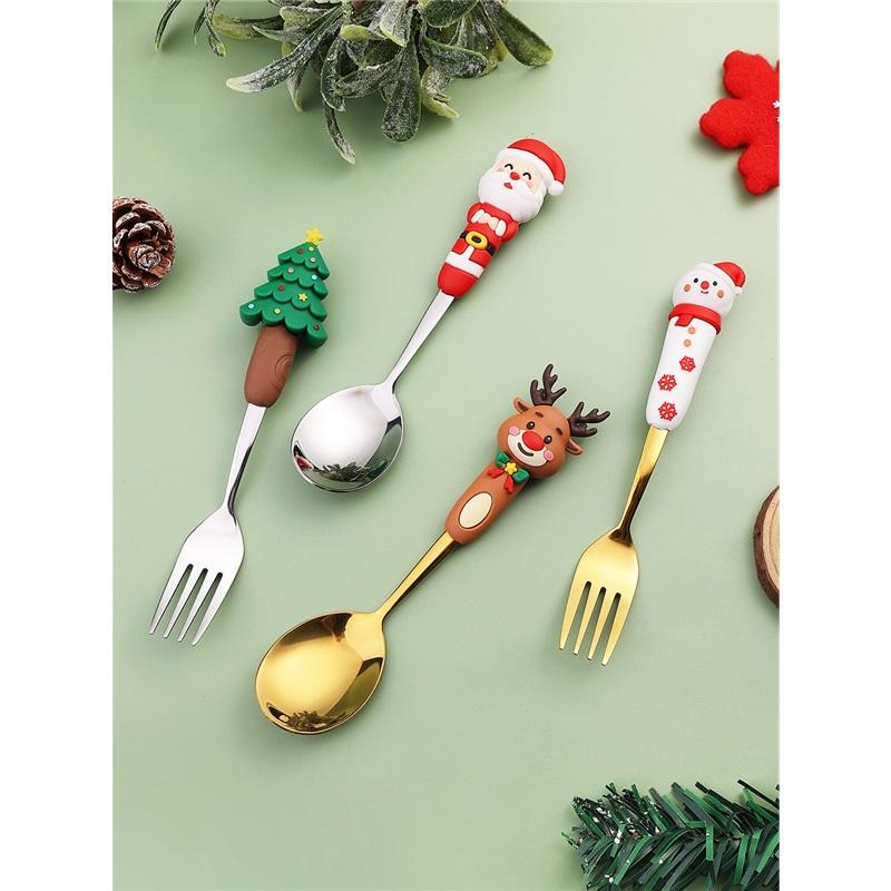 Kalėdinių šaukštelių rinkinys Kūrybingas stalo įrankių rinkinys Animacinis Kalėdų eglutės desertinis šaukštelis Šakutė Dovanų dėžutė