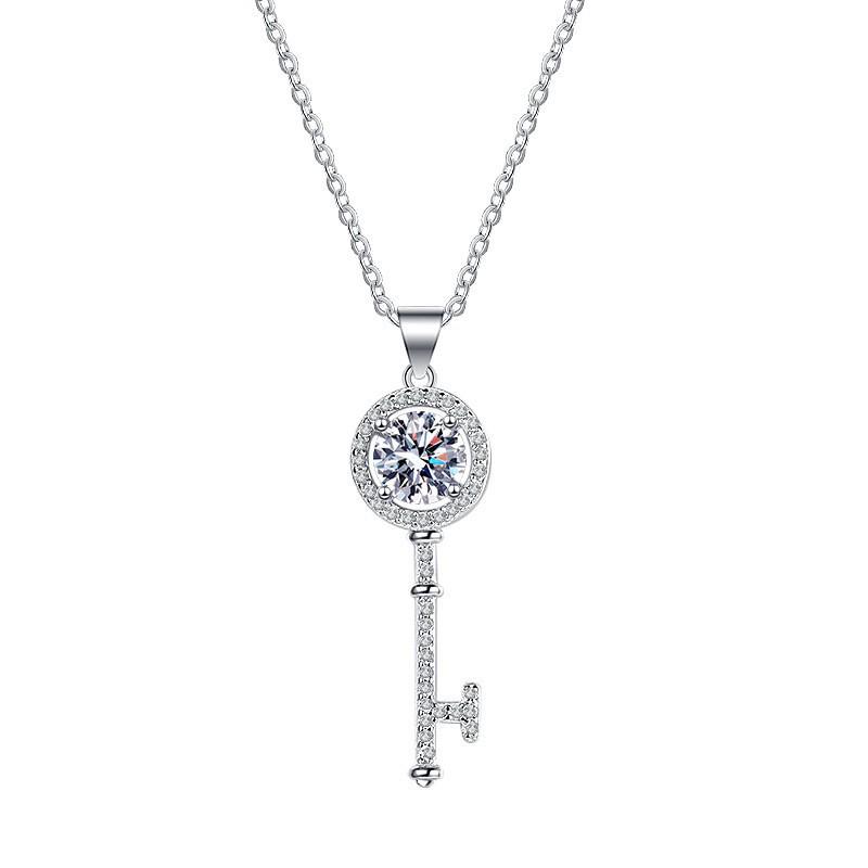 S925 Sterling Silver Moissanite Key Pendant Necklace for Women - Classic Carat Fashion Jewelry