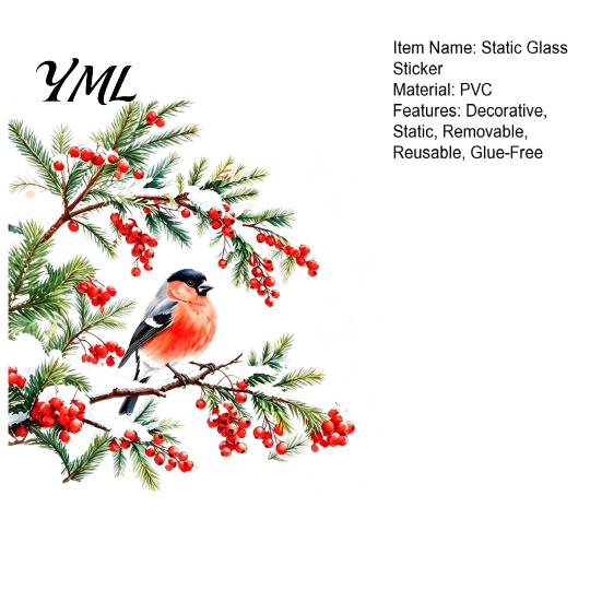 Winter Atmosphere Decor Bullfinch And Red Berries Static Glass Sticker, Watercolor Bird Decal, Window Decals Removable PVC Cling for Home Store