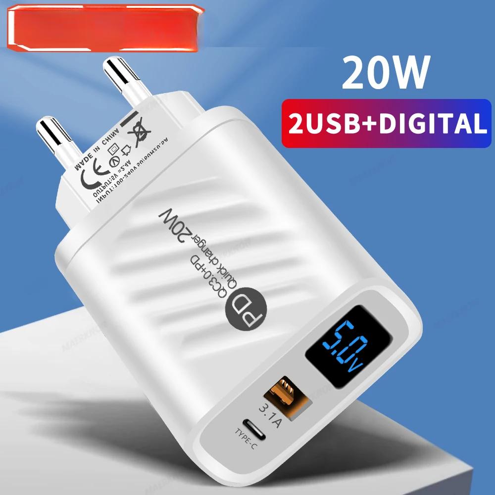 20W USB Charger Fast Charging 2 Ports Type C Phone Charger Adapter for IPhone Samsung Xiaomi Digital Display USB C Wall Charger