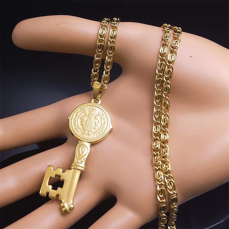 Catholicism Saint Benedict Key of Life Pendant Necklace for Women Men Stainless Steel Hip Hop San Benito Medal Necklaces Jewelry
