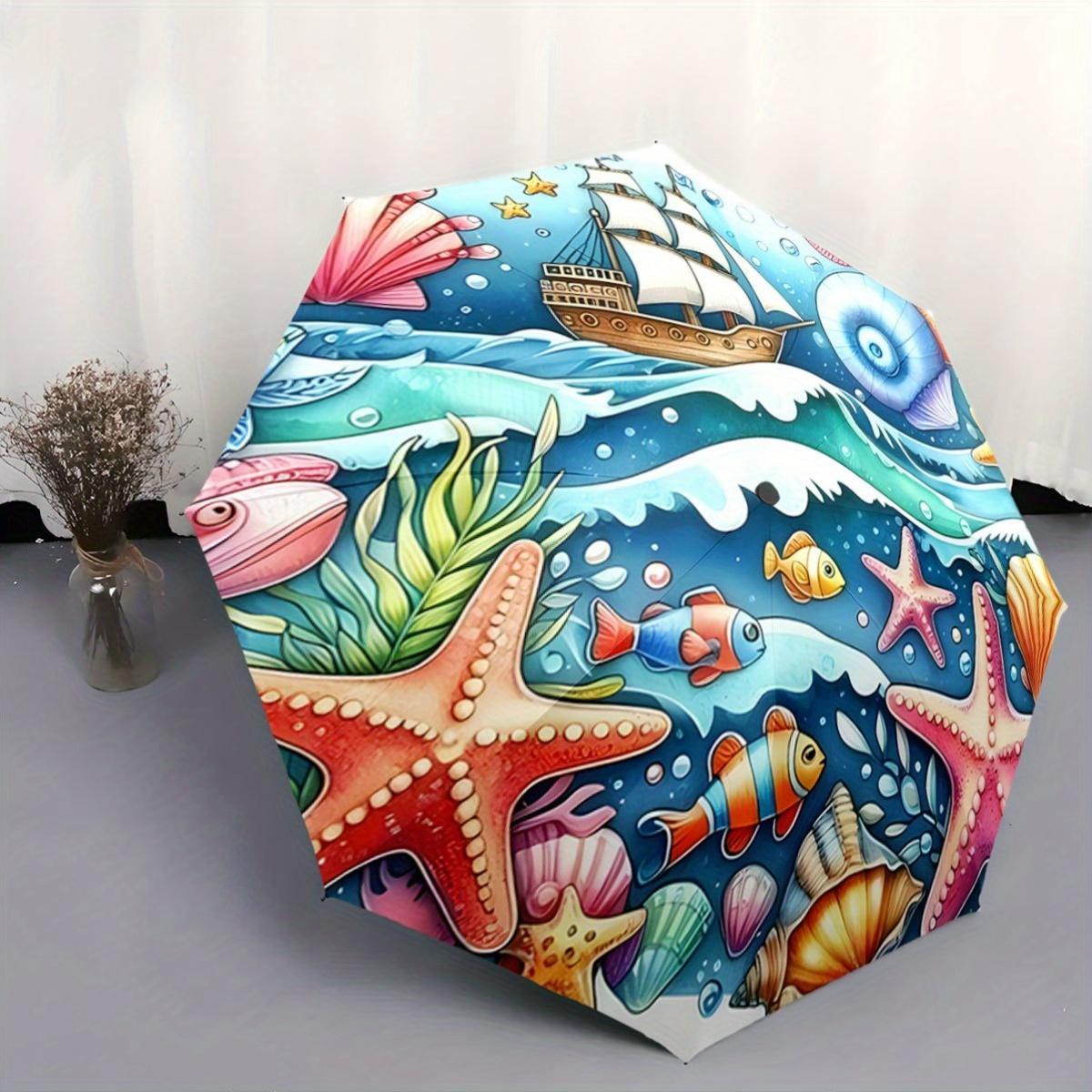 

Automatic Open/Close Umbrella with Underwater Ocean Theme - One-Touch Button, Compact Travel Umbrella with 8-Rib Strong Frame,