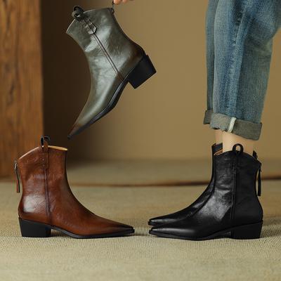 Women's Low-heeled Short Boots Autumn and Winter New Thick-heeled Comfortable Large-size Simple Cowhide Boots