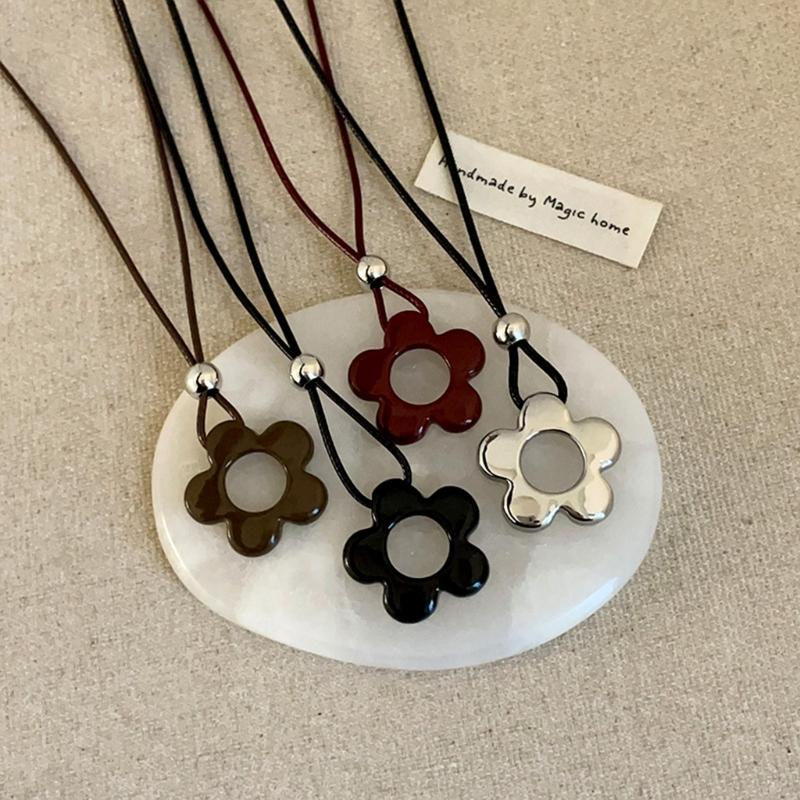 Delicate Long Leather Cord Necklace with Intricate Flower Charm Ideal for Fashion Forward Women Seeking Unique Accessories