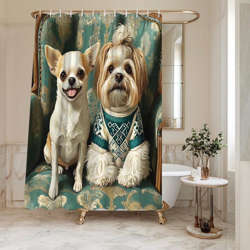 

Luxurious Teal & Gold Floral Shower Curtain - Dog Designs & Plush Armchair, Polyester,70.8x70.8 Inches, Pet-Themed Elegant Decor W90XH180cm