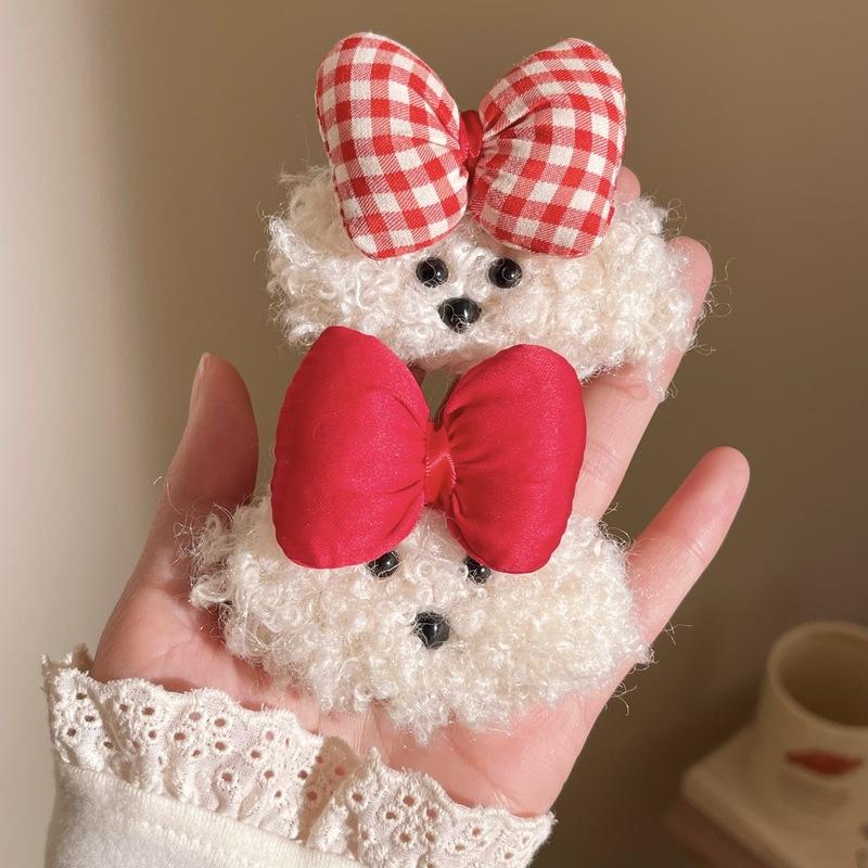 Cute Teddy Dog Plush Hair Clip With Red Blue Bowknot Cartoon Side Bangs Clip Hair Accessory For Girls Children Daily Wear