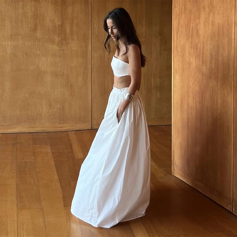 Women Elegant Cotton Camisole Top Casual Skirt Suit 2025 Spring and Summer Fashion Solid Color Sexy Wrapped Vest Long Skirt Set