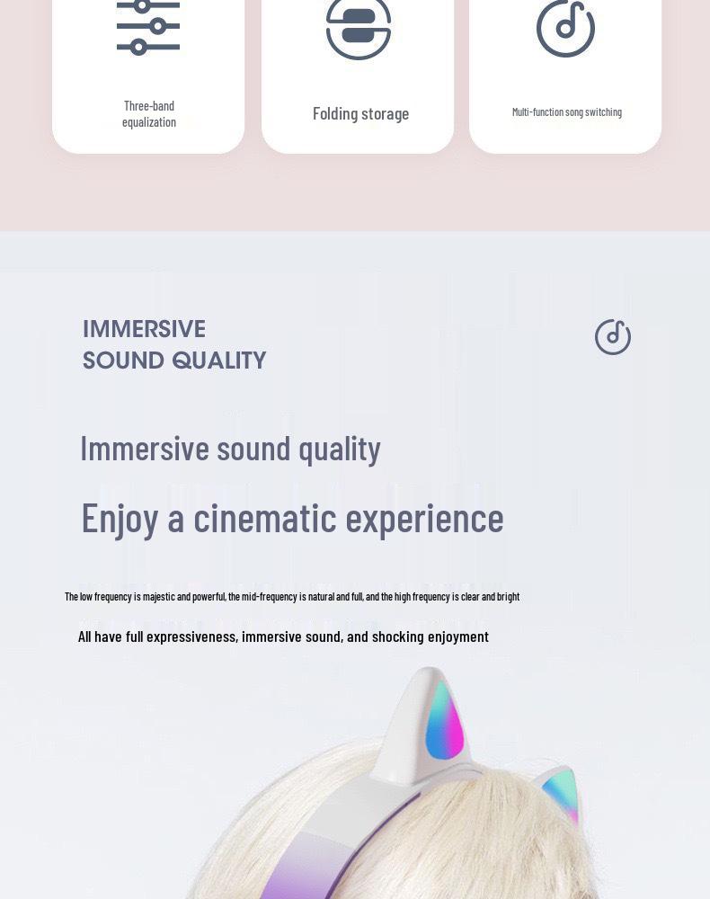 Popular Gradient Cat Ear Bluetooth Headphones, Cute & Trendy, with Long Battery Life for Wireless Sports & Gaming.
