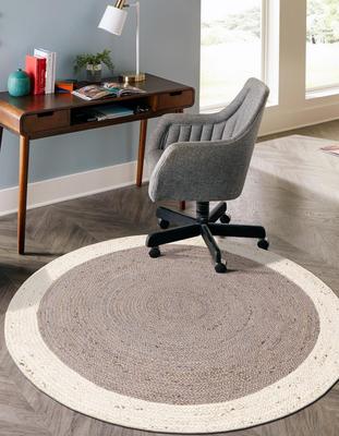 Aizza Trends Indian Handmade Braided White Border with Inner Gray Natural Jute Area Rug- Jute Rug- Dining Room