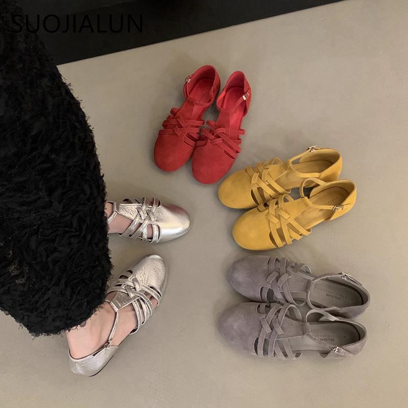 Fashion SUOJIALUN 2025 Summer New Brand Women Sandal Fashion Close Toe Slingback Shoes Soft Flat Heel Outdoor Dress Sandal Shoes