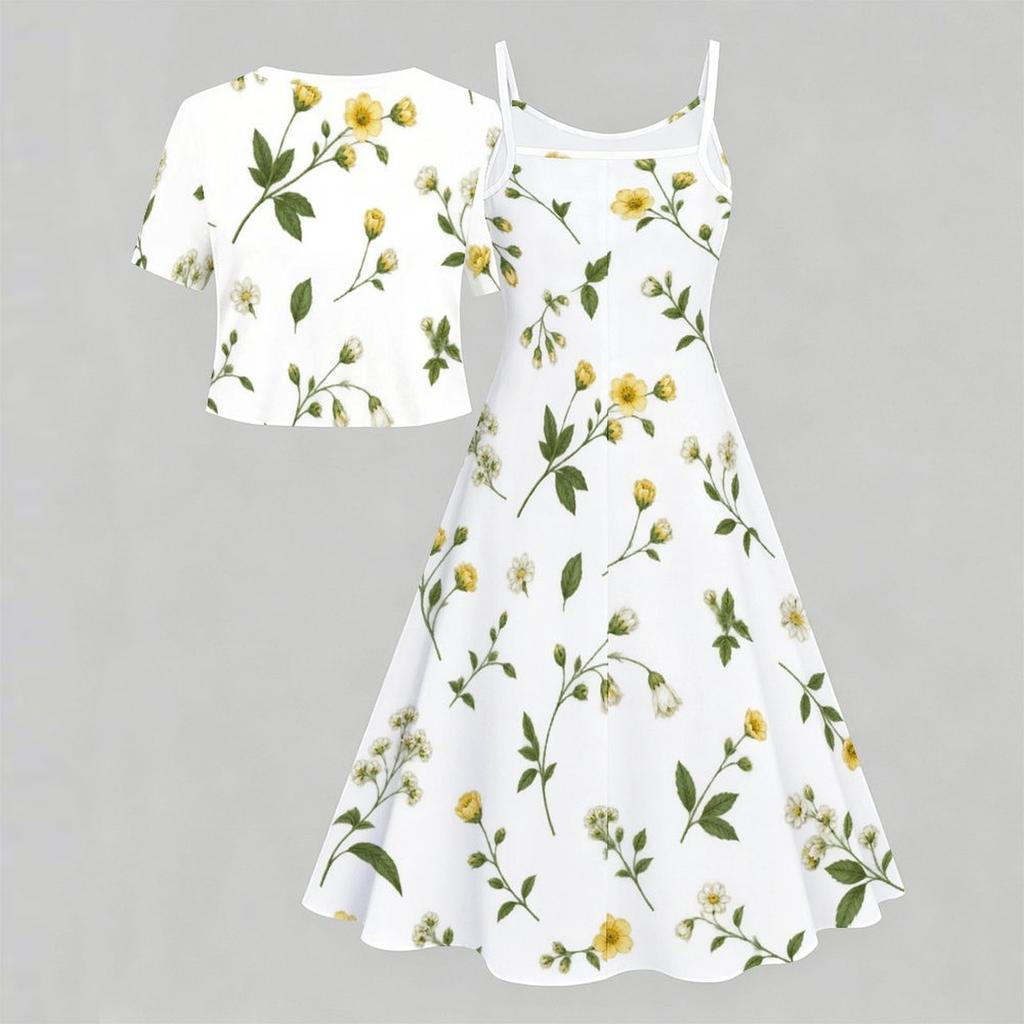 Women Plus Size Two Piece Floral Printed Set Short Sleeve Tie Front Shrug Strappy Flared Dress