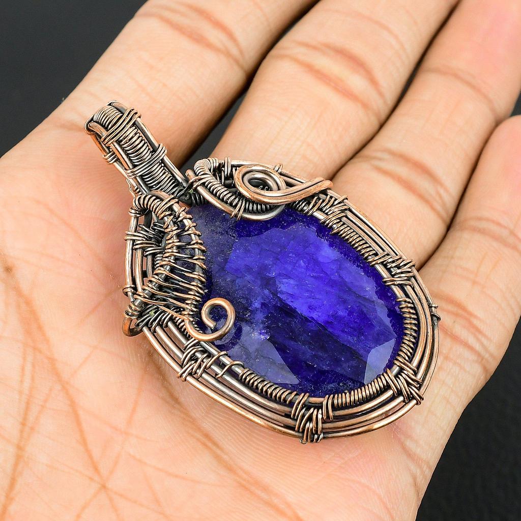 Blue Sapphire Pendant, Handmade Gemstone Pendant, 999 Copper Wire Wrapped Pendant Antique Jewelry, For Engagement Gift