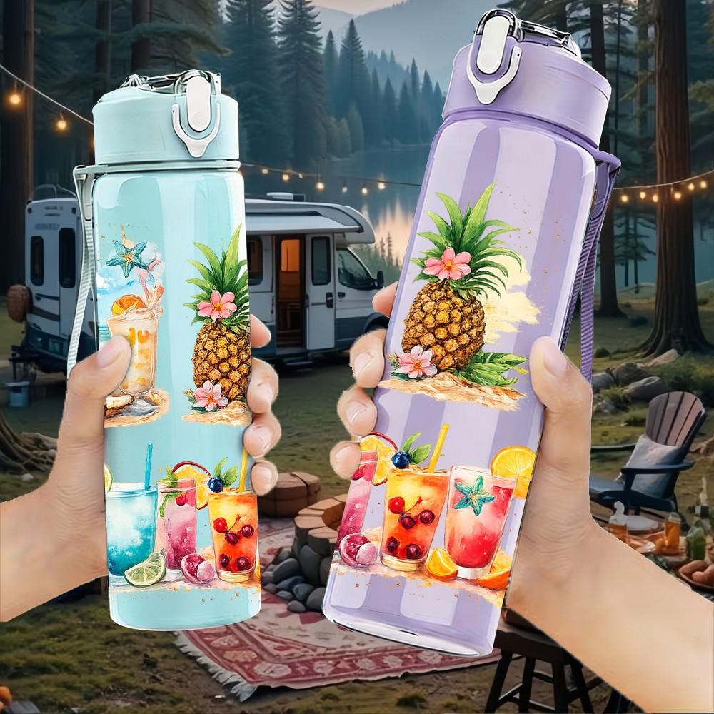 1PC Tropical Pineapple Palm Beach Print 750ml Color Plastic Sports Water Bottle Leakproof Flip Straw Lid Suitable for Sports Office Home Use