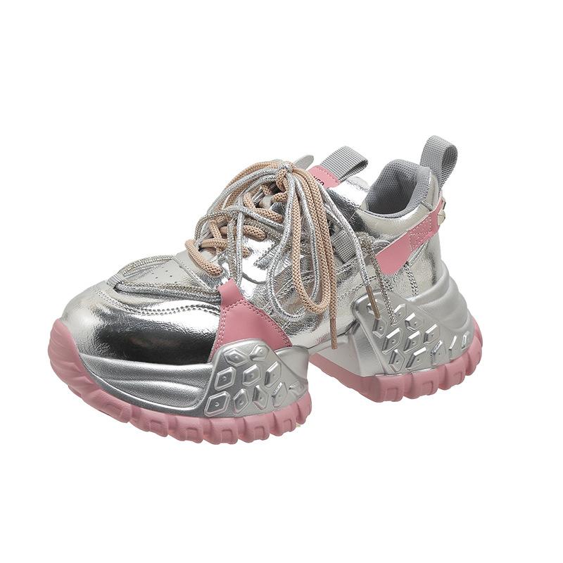 Women's Platform Thick-soled Casual Shoes, Metallic Silver Dad Shoes, Spring Style, Small Height-increasing Shoes
