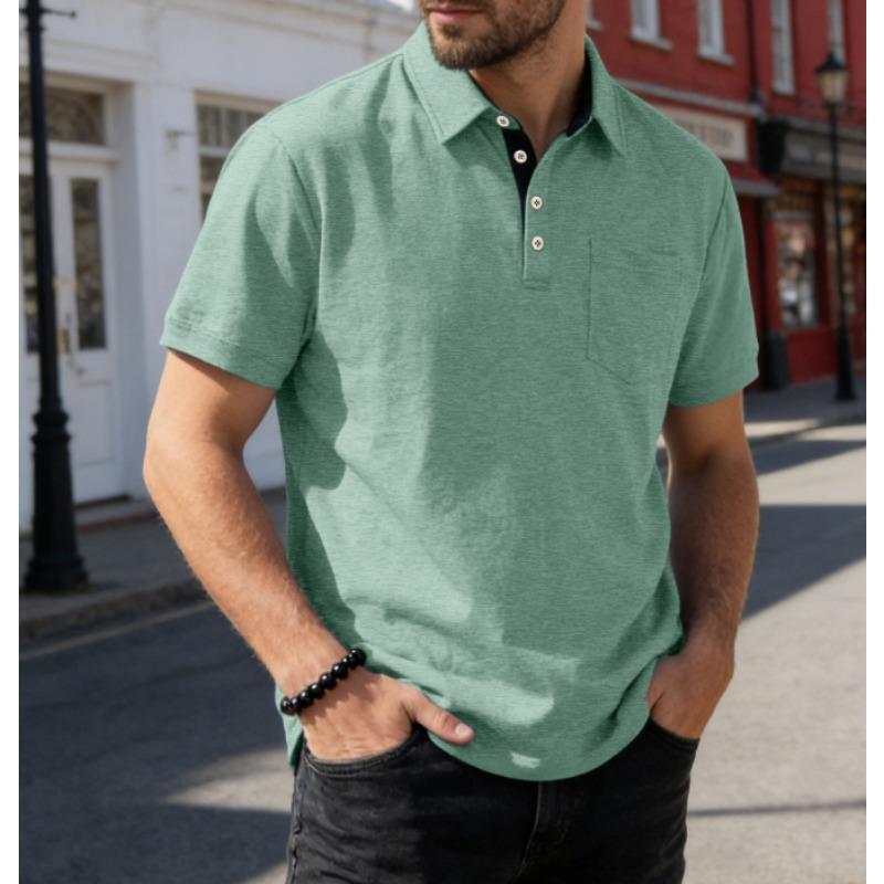 Men Solid Loose Short Sleeve Pocket Business Casual Turn Down Collar Polo Shirt