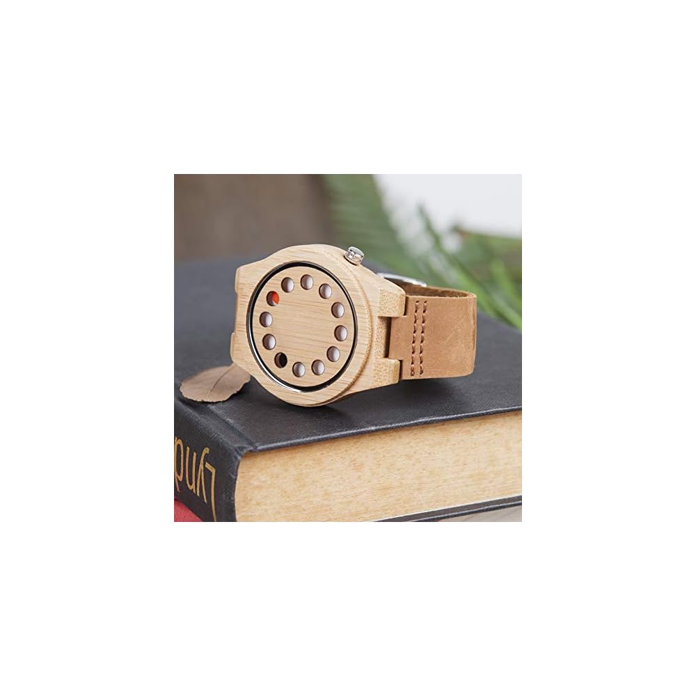 Bobo Bird Men's Bamboo Watch Black Leather Strap 12-Hole Timer Design Sports Casual Timepiece Brown Cat Eye Classic