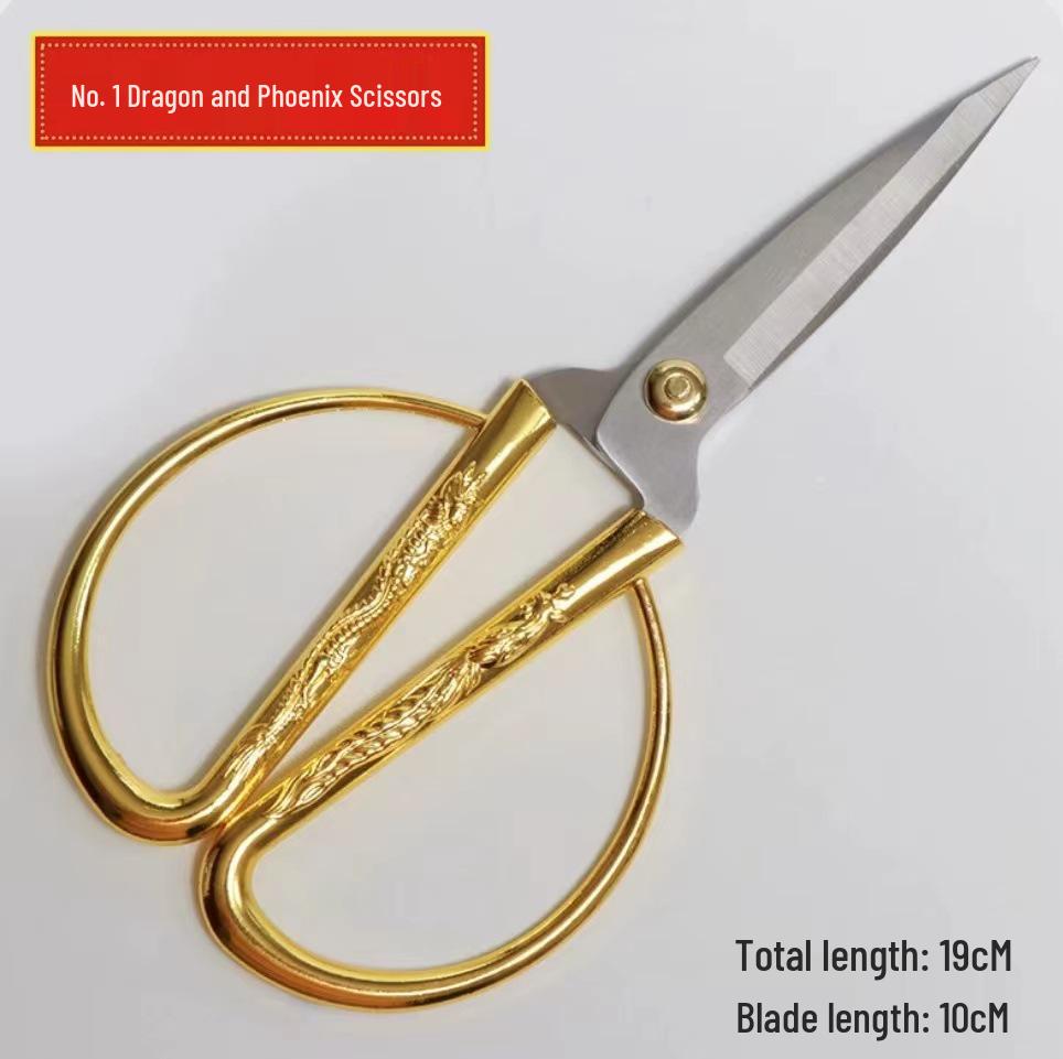 Gold Stainless Steel Dragon and Phoenix Ribbon Cutting Scissors with Zinc Alloy Handle - Tailor Wedding Gift