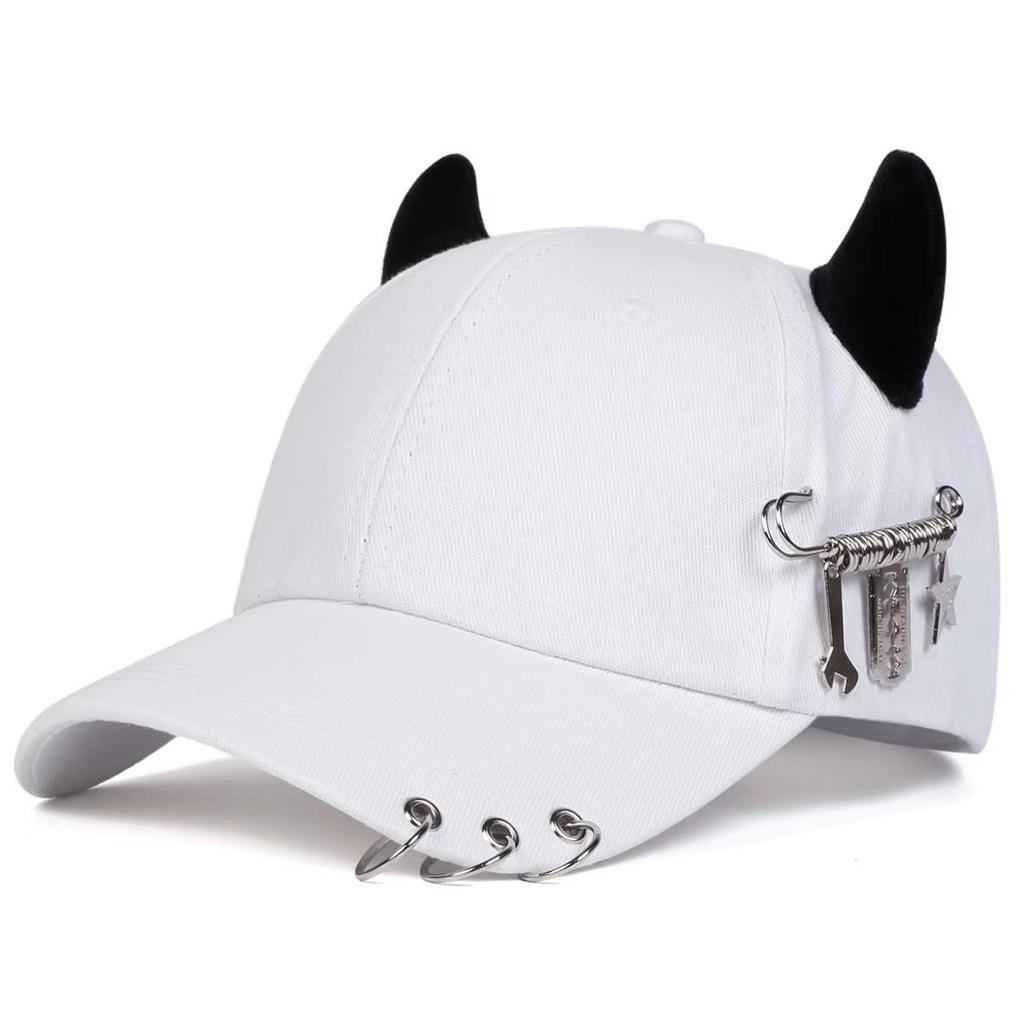 Baseball Cap Hat Iron Ring Cow Horn Spring Summer Autumn Punk Hip Hop Rock Adjustable Unisex Men Women Outdoor Casual Cotton Snapback