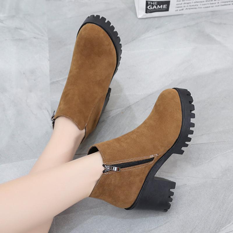 Trendy Women's Ankle Boots 2024 Autumn and Winter New British Style Round Head Side Zipper Thick Sole Temperament Women's Shoes