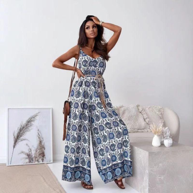

European and American Women s Clothing Summer New Arrival Positioning Flower V-neck Brace One-Piece Wide-Leg Pants with Belt 108035 creamy-white S