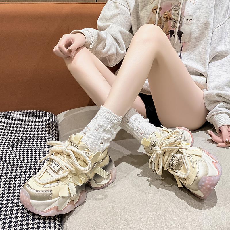 Fashion 6CM Leather High Platform Wedges Leisure Sneakers New 2024 Autumn Women Casual Sports Dad Shoes Lace-up Chunky Sneakers