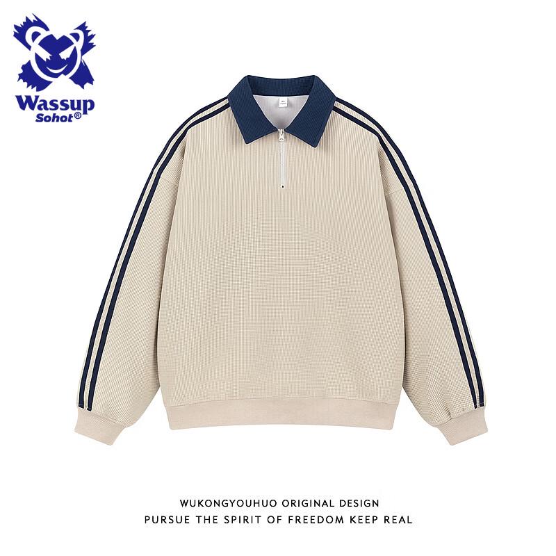 Wassup Sohot Men's American Retro Half-Zip Striped Sweatshirt
