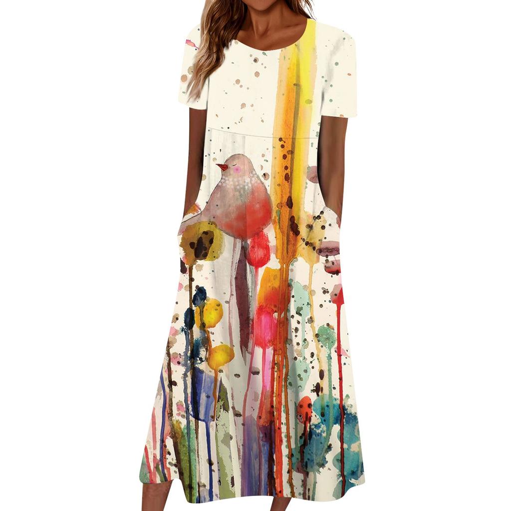 Summer Dress For Women Casual Printed V-Neck Short-Sleeve Beach Swing Dress