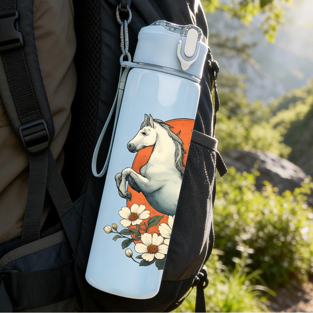 1PC Floral White Horse Art 750ml Color Plastic Sports Water Bottle Leakproof Flip Straw Lid Suitable for Sports Office Home Use
