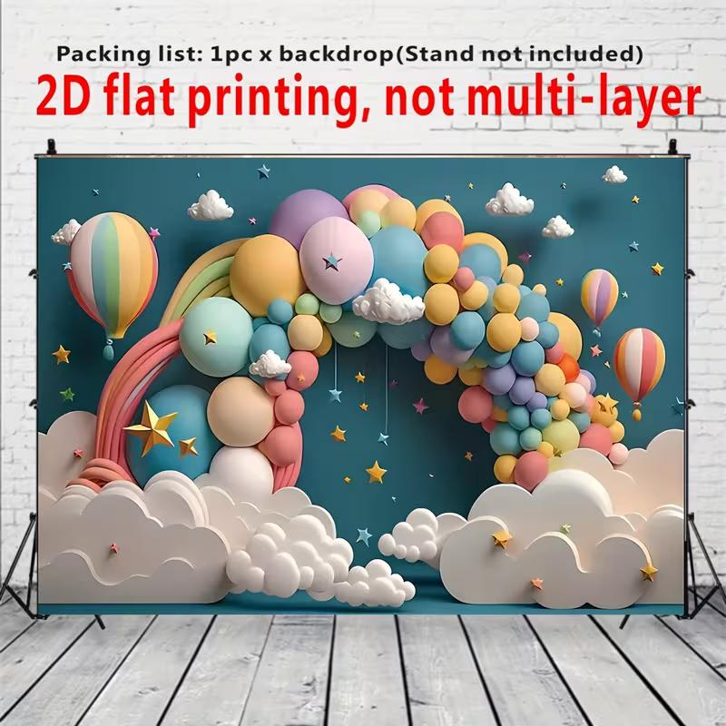 2D Dreamy Balloon Background, Pastel Balloon Arch & Clouds Themed Party Backdrop