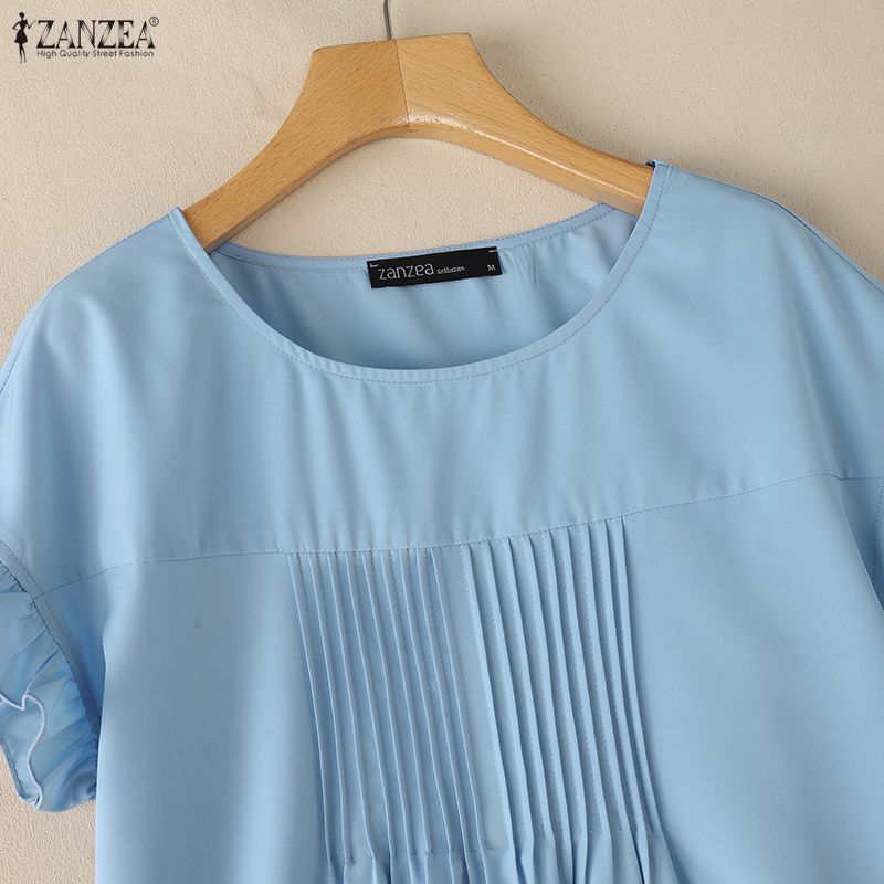 ZANZEA Blusa Casual da Donna a Maniche Corte e Girocollo a Tinta Unita