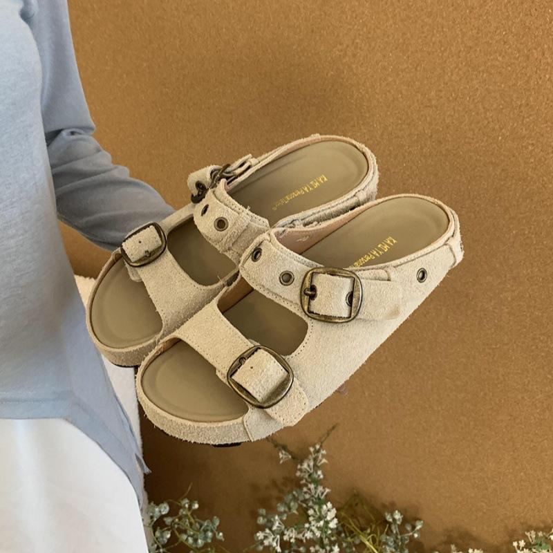 

Leather version platform slippers women s new summer fashion outer wear Boken sandals 39