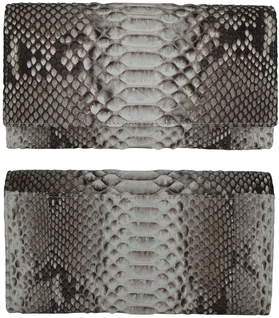 Natürliches, echtes Schlangenleder-Langportemonnaie für Damen und Herren, aus einem Stück echtem Leder gefertigt. Zu den Merkmalen gehören ein zweifach gefaltetes Design, eine Klappe