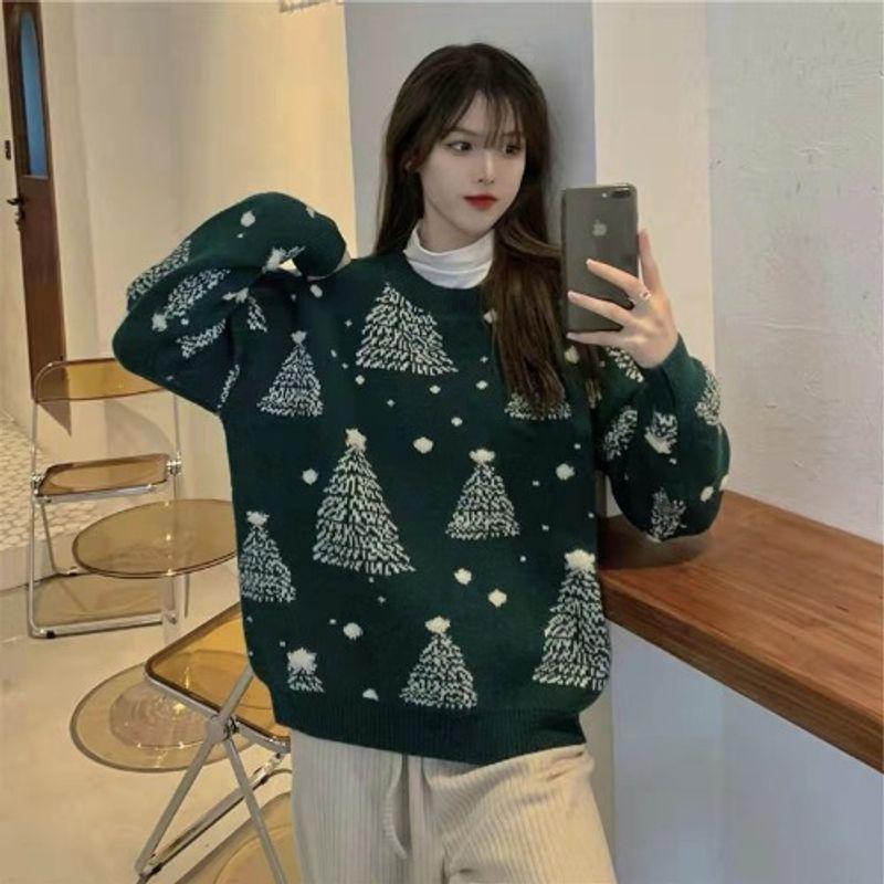 Autumn New Loose Slimming round Neck Super Popular Long sleeve Snowflake Christmas sweater Women Thick Warm Outer Wear Knit